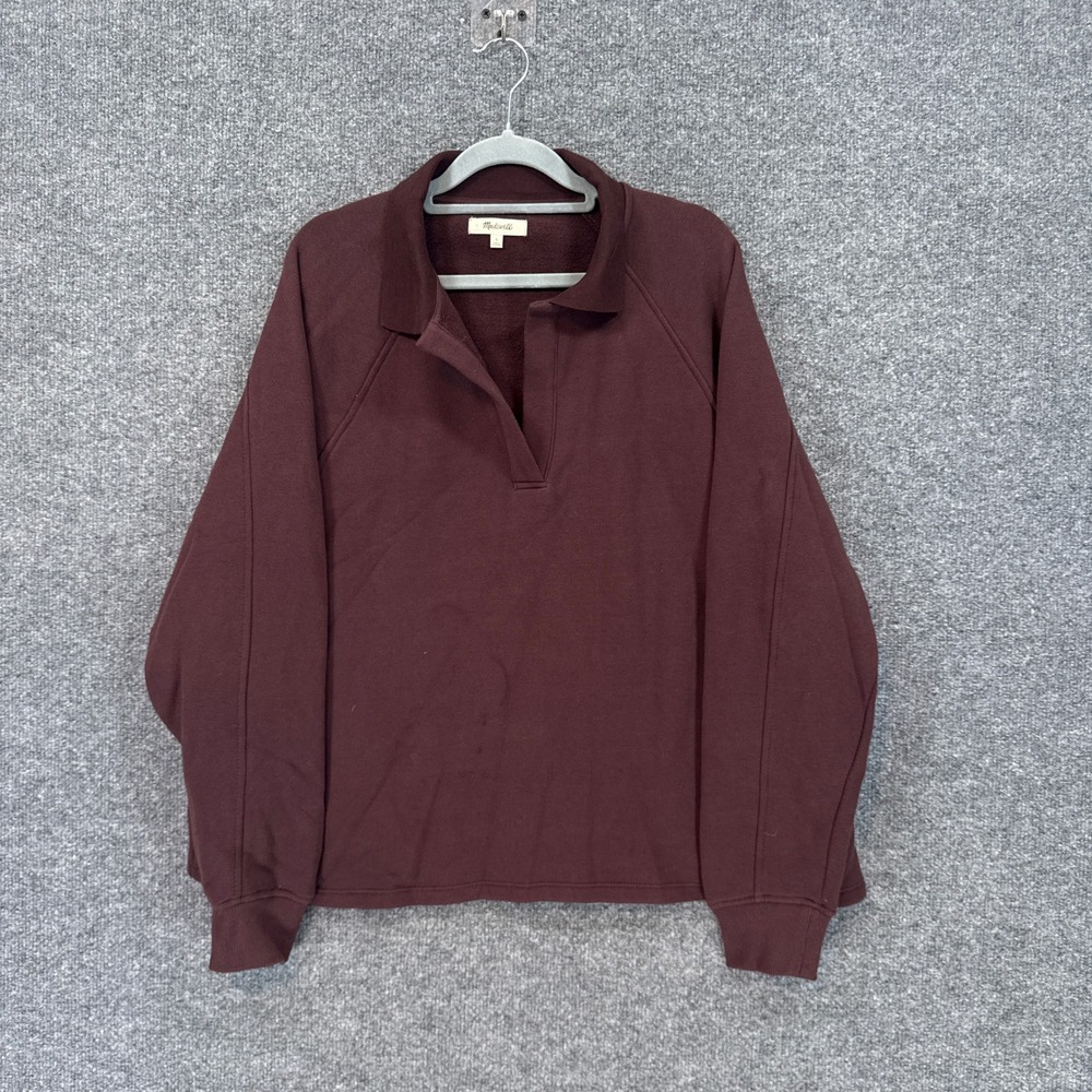 Madewell Sweatshirt Womens Large Burgundy Polo Cropped Oversized Fleece Pullover